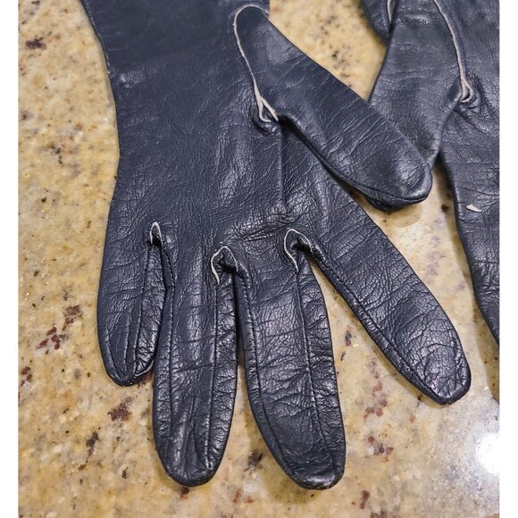Vintage Size S 6 Black Leather Formal 10" Gloves Stitching Detail Geometric - Picture 7 of 16